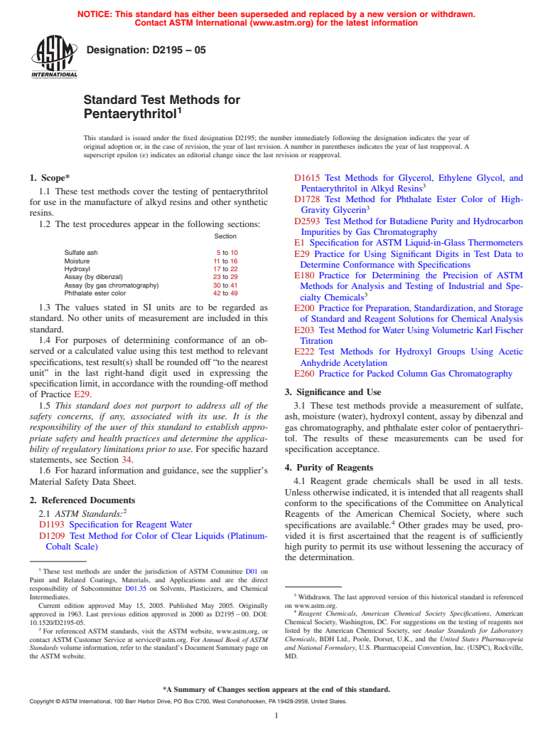 ASTM D2195-05 - Standard Test Methods for Pentaerythritol (Withdrawn 2011)