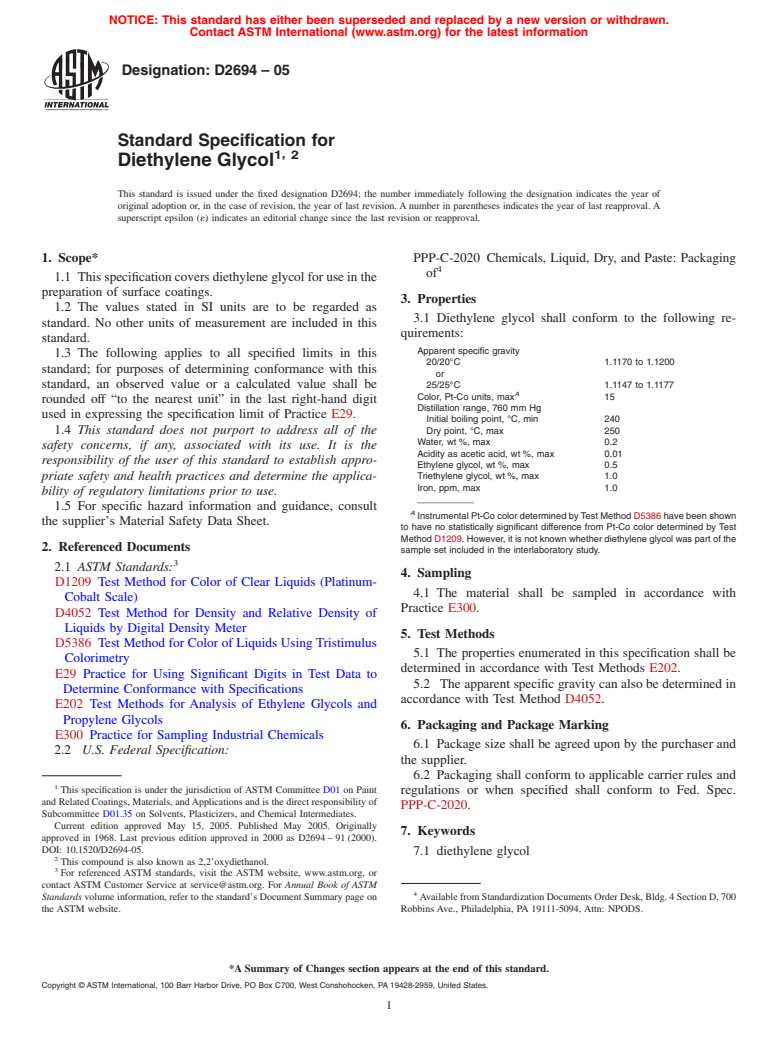 ASTM D2694-05 - Standard Specification for Diethylene Glycol