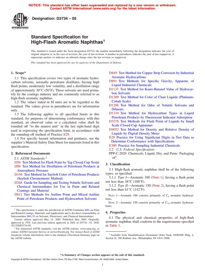 ASTM D3734-05 - Standard Specification for High-Flash Aromatic Naphthas