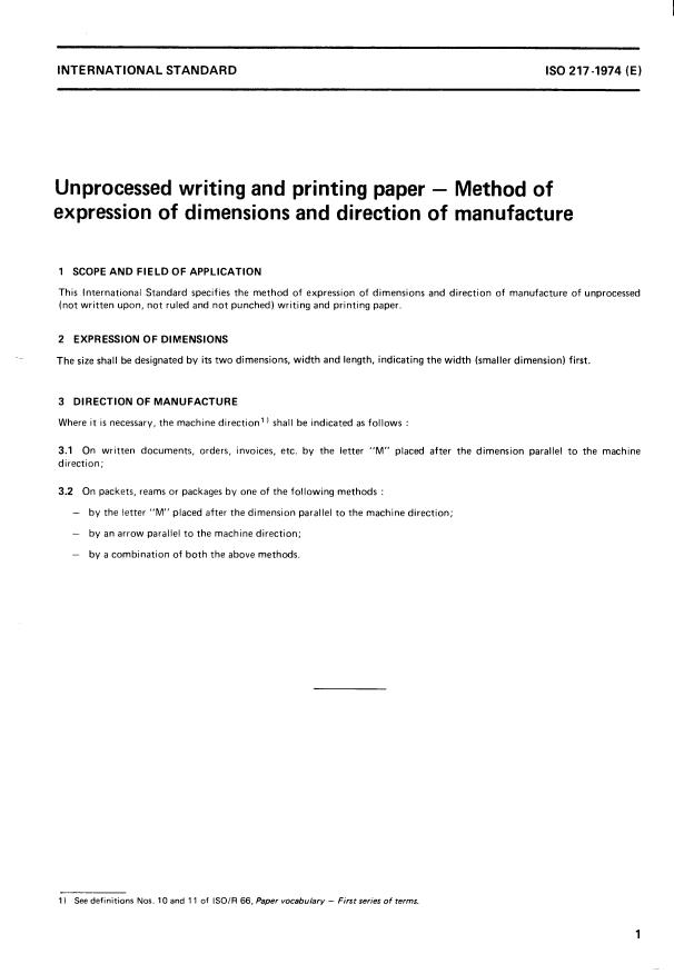 ISO 217:1974 - Unprocessed writing and printing paper -- Method of expression of dimensions and direction of manufacture