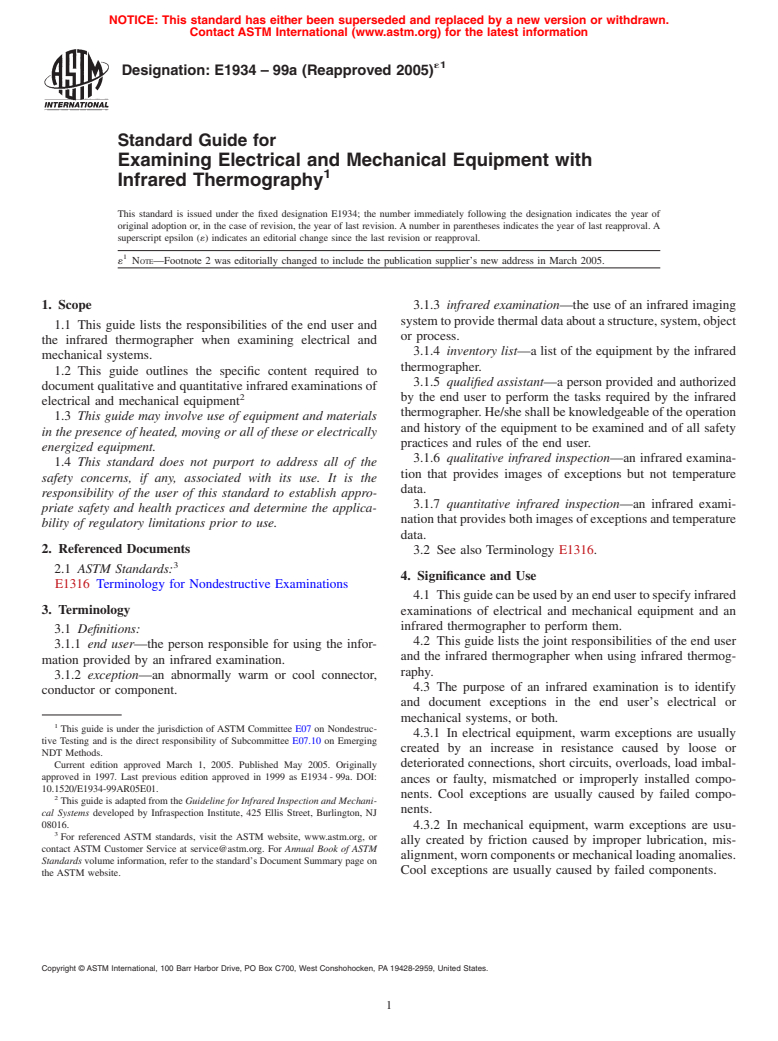 ASTM E1934-99a(2005)e1 - Standard Guide for Examining Electrical and Mechanical Equipment with Infrared Thermography