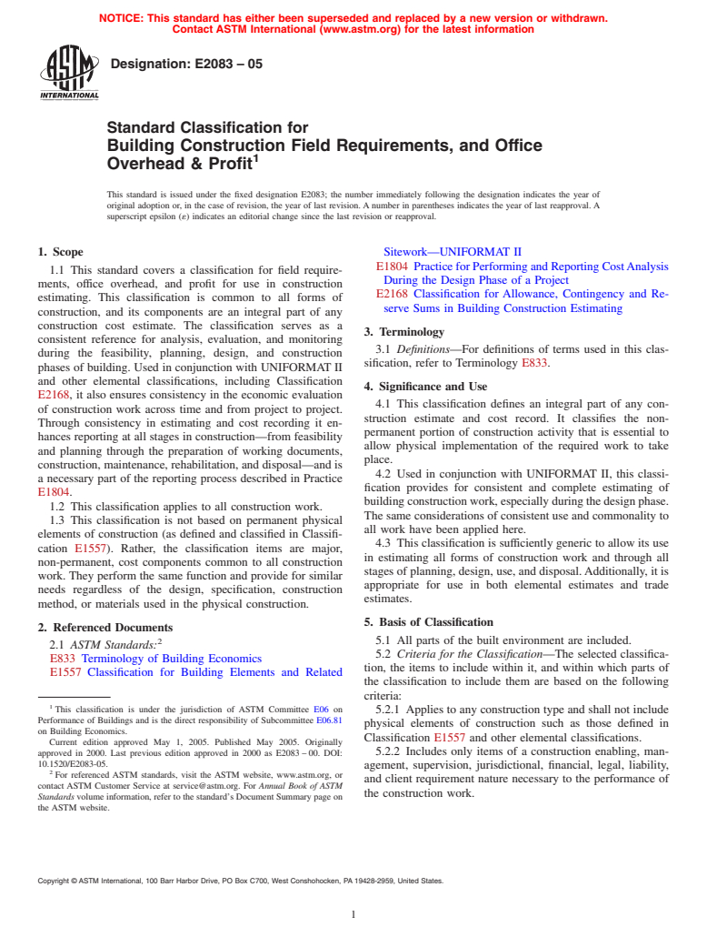 ASTM E2083-05 - Standard Classification for Building Construction Field Requirements, and Office Overhead  Profit