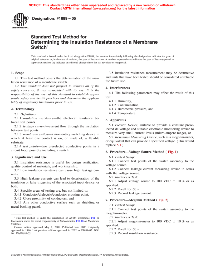 ASTM F1689-05 - Standard Test Method for Determining the Insulation Resistance of a Membrane Switch