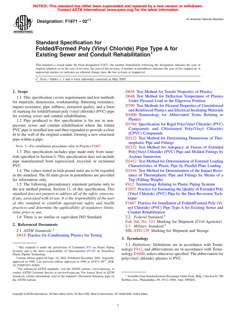 ASTM F1871-02e1 - Standard Specification for Folded/Formed Poly (Vinyl Chloride) Pipe Type A for Existing Sewer and Conduit Rehabilitation (Withdrawn 2011)