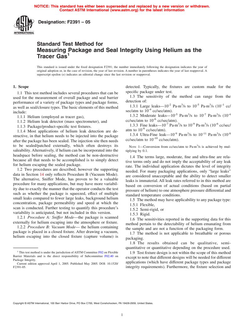 ASTM F2391-05 - Standard Test Method for Measuring Package and Seal Integrity Using Helium as the Tracer Gas