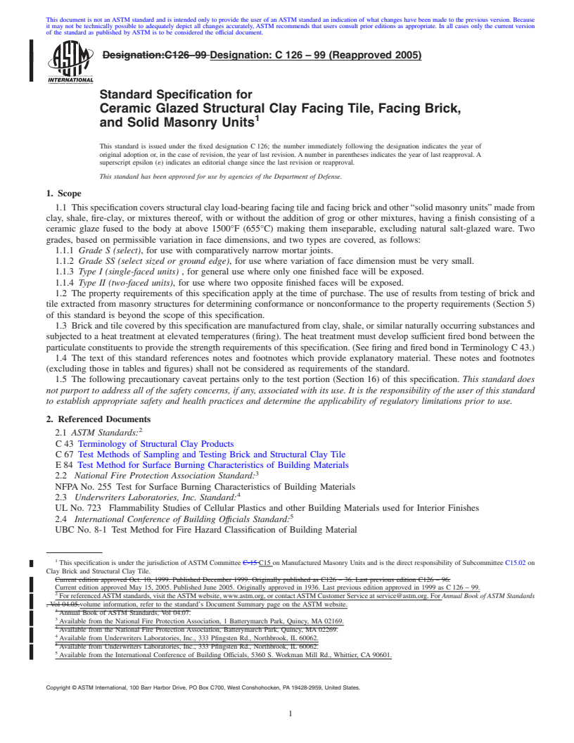 REDLINE ASTM C126-99(2005) - Standard Specification for Ceramic Glazed Structural Clay Facing Tile, Facing Brick, and Solid Masonry Units