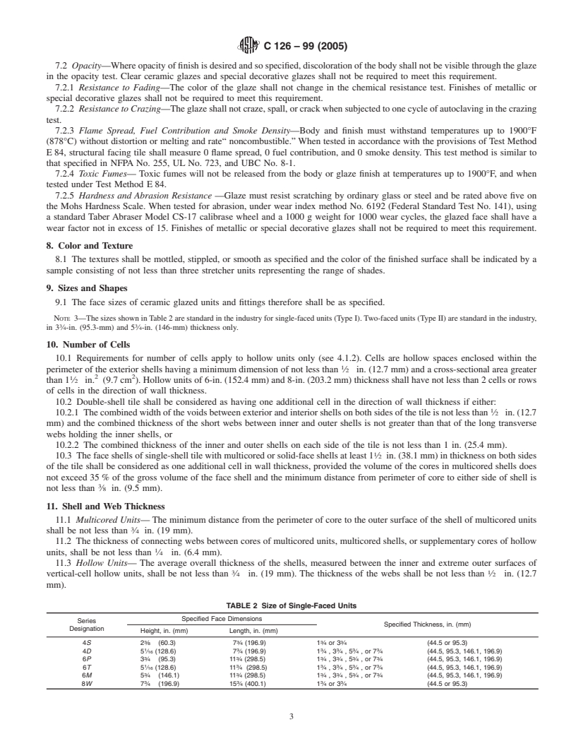 REDLINE ASTM C126-99(2005) - Standard Specification for Ceramic Glazed Structural Clay Facing Tile, Facing Brick, and Solid Masonry Units