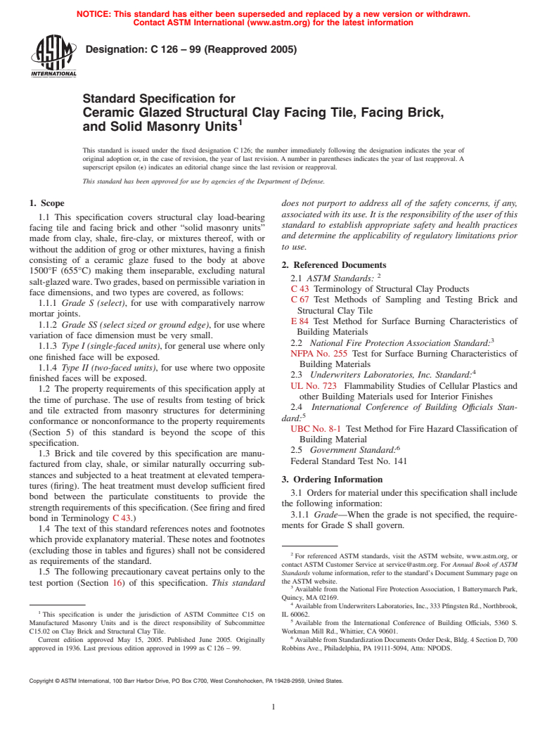 ASTM C126-99(2005) - Standard Specification for Ceramic Glazed Structural Clay Facing Tile, Facing Brick, and Solid Masonry Units