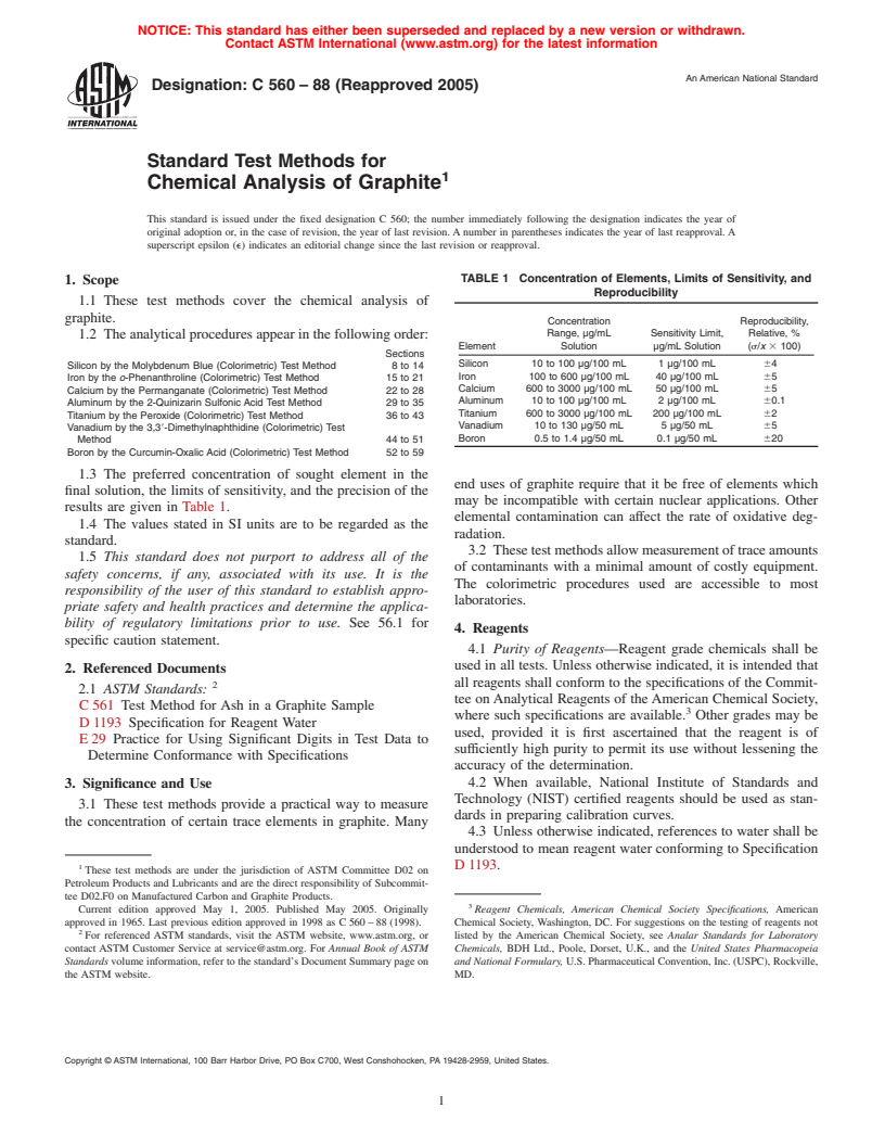 ASTM C560-88(2005) - Standard Test Methods for Chemical Analysis of Graphite