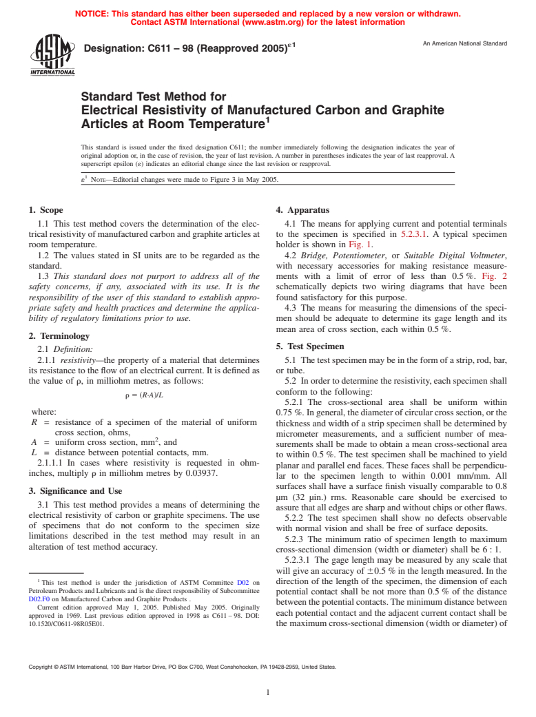 ASTM C611-98(2005)e1 - Standard Test Method for Electrical Resistivity of Manufactured Carbon and Graphite Articles at Room Temperature