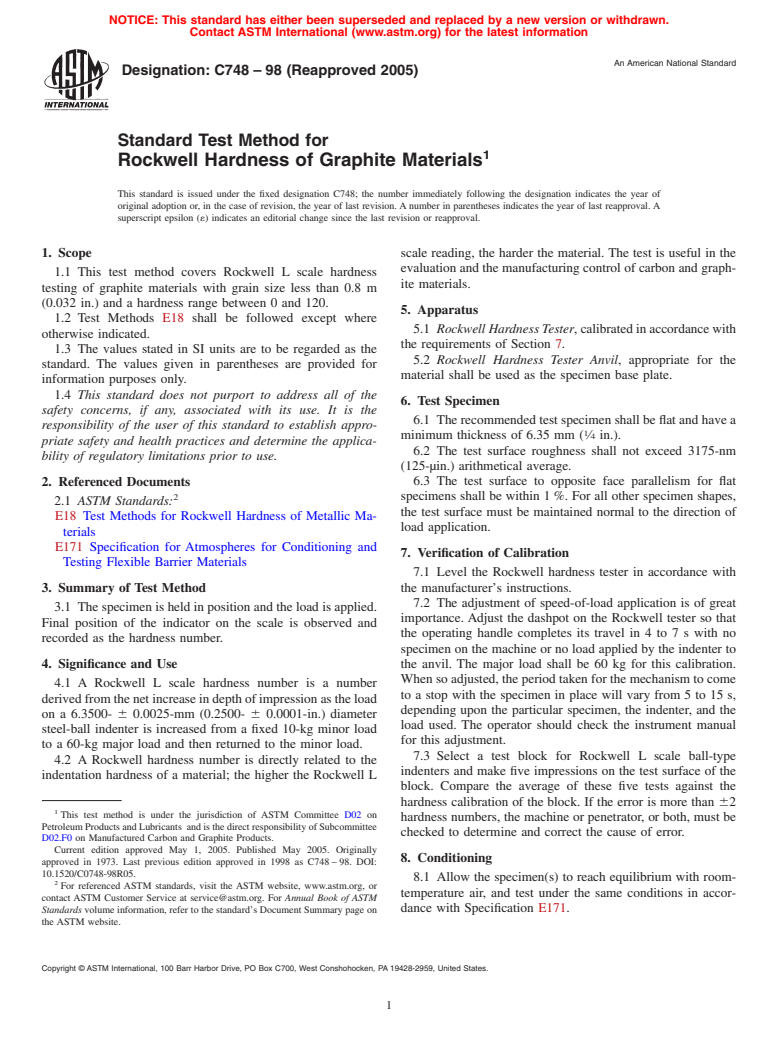 ASTM C748-98(2005) - Standard Test Method for Rockwell Hardness of Graphite Materials