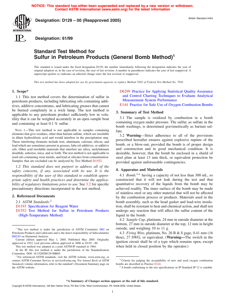 ASTM D129-00(2005) - Standard Test Method for Sulfur in Petroleum Products (General Bomb Method)