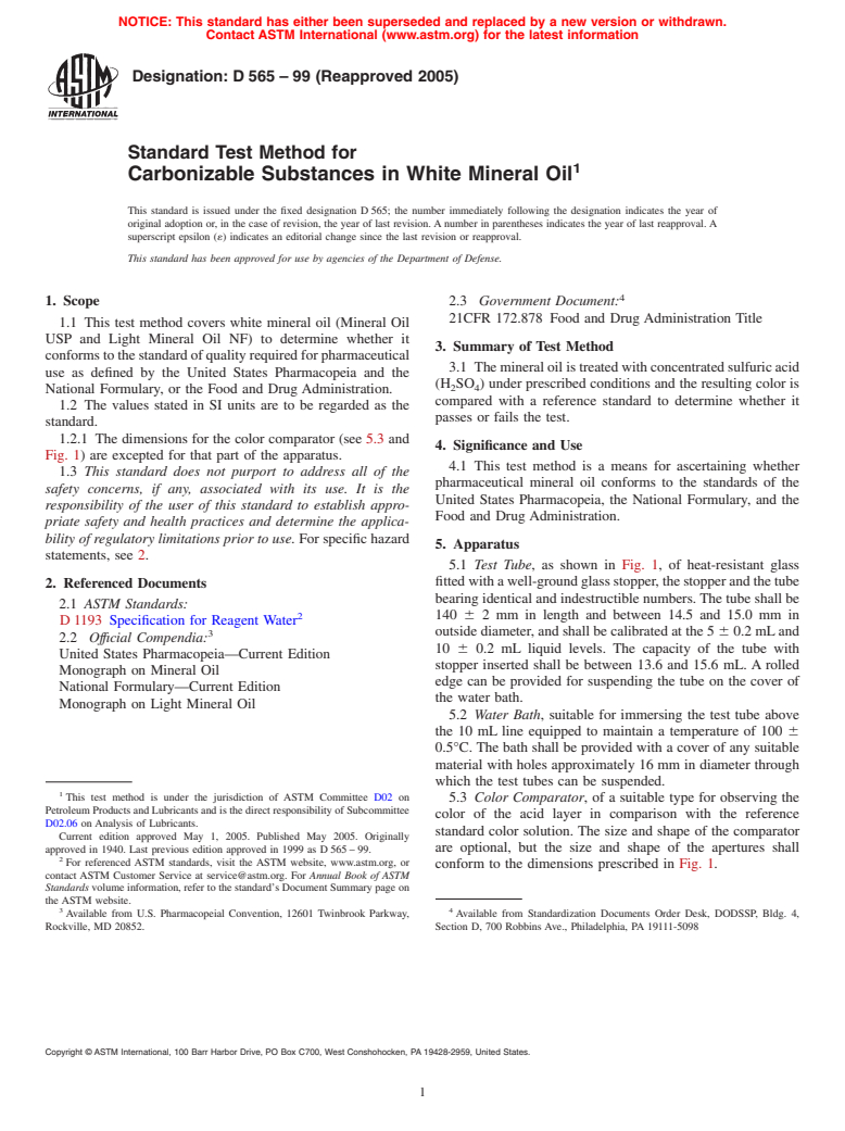 ASTM D565-99(2005) - Standard Test Method for Carbonizable Substances in White Mineral Oil