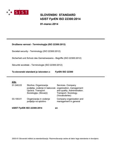 k FprEN ISO 22300:2014 - Standard je bil natisnjen za čitalnico.