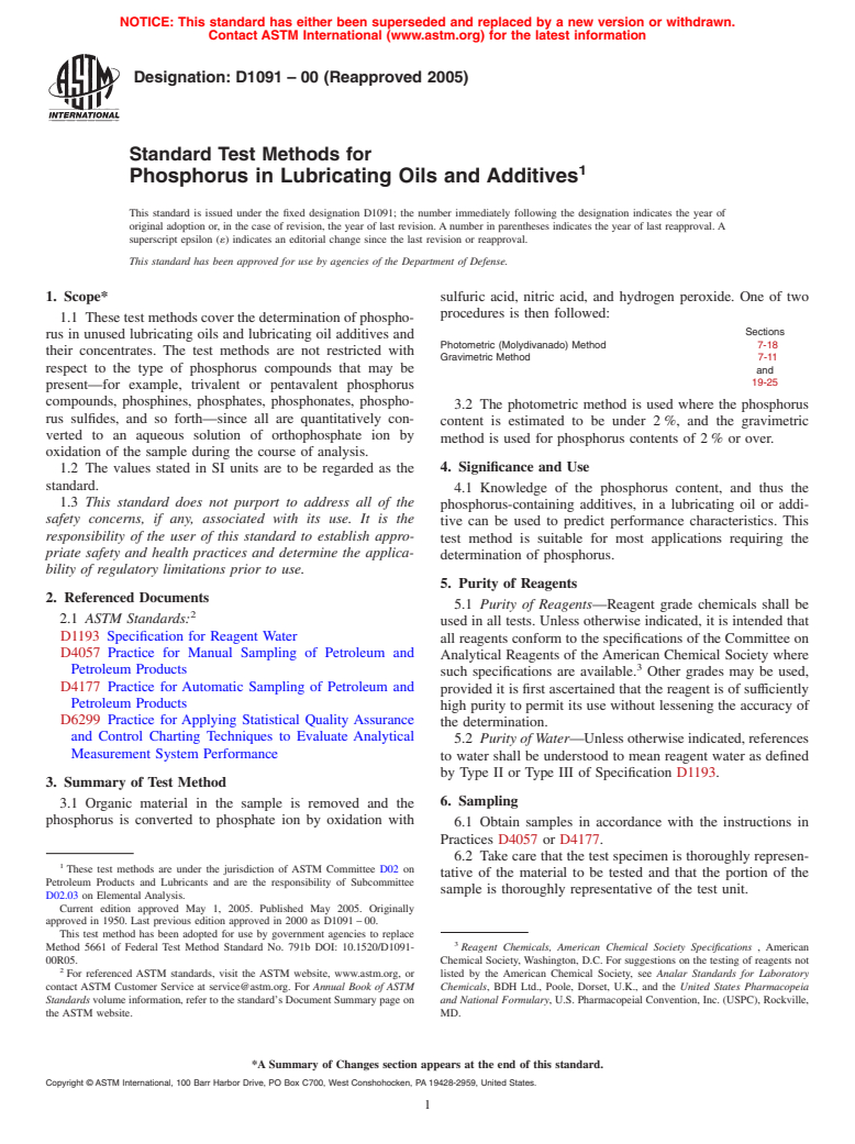 ASTM D1091-00(2005) - Standard Test Methods for Phosphorus in Lubricating Oils and Additives