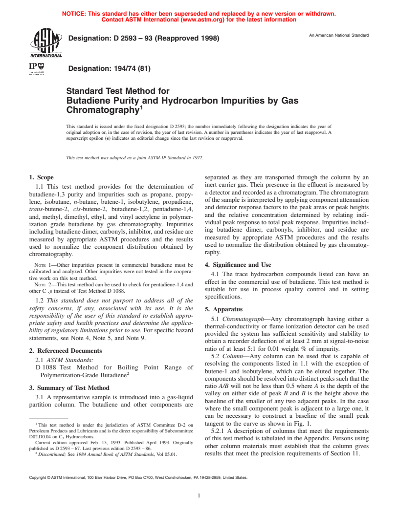 ASTM D2593-93(1998) - Standard Test Method for Butadiene Purity and Hydrocarbon Impurities by Gas Chromatography