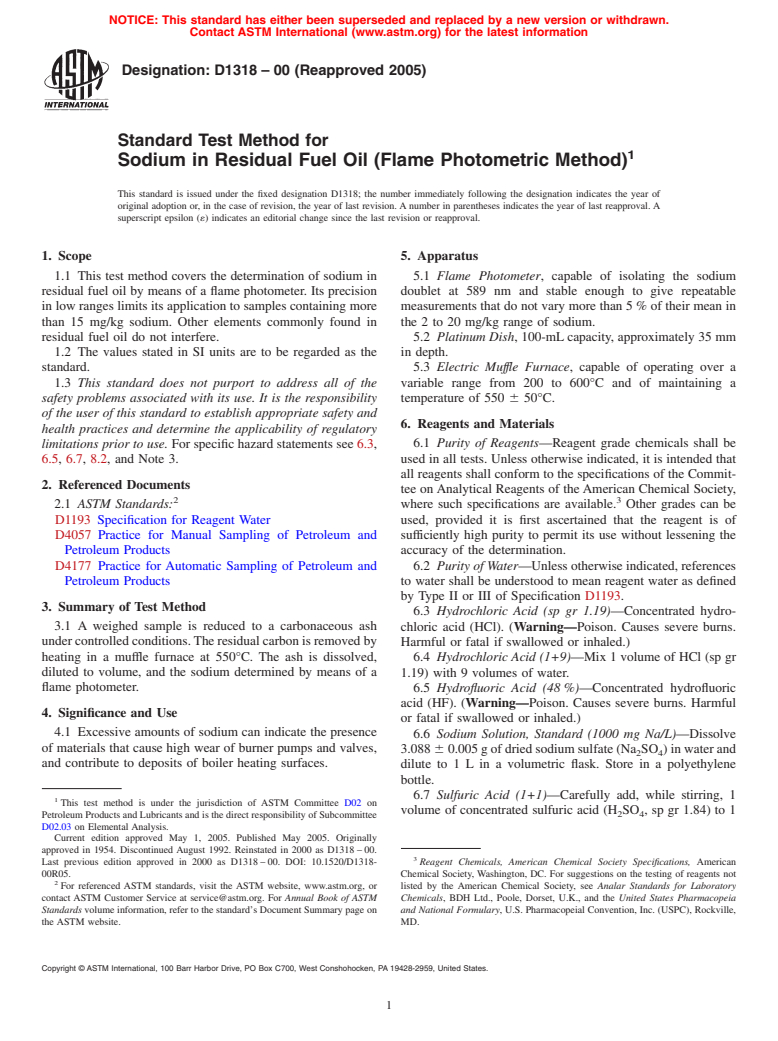 ASTM D1318-00(2005) - Standard Test Method for Sodium in Residual Fuel Oil (Flame Photometric Method)