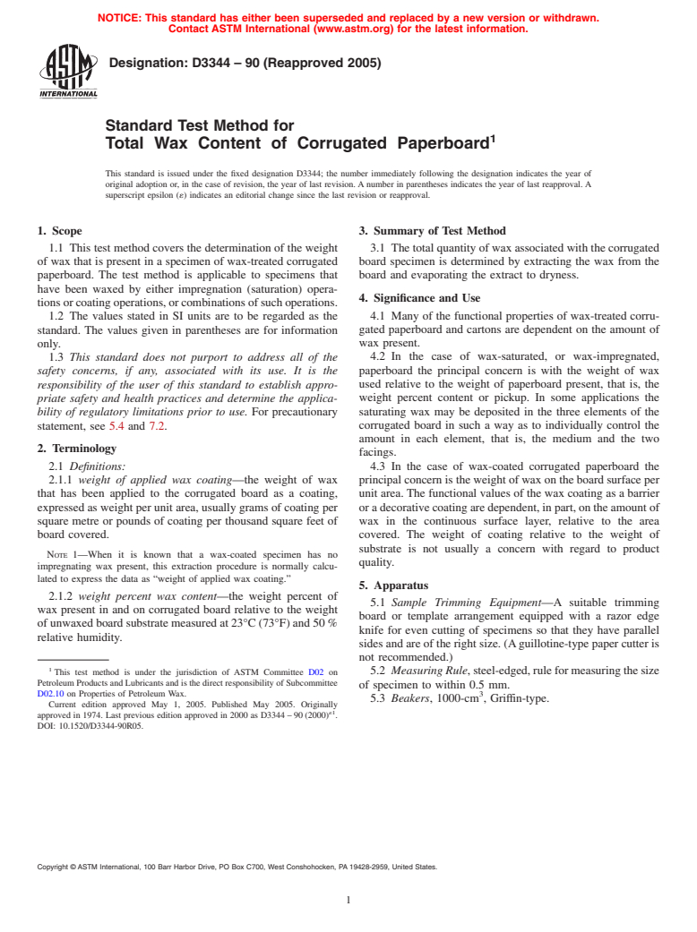 ASTM D3344-90(2005) - Standard Test Method for Total  Wax  Content  of  Corrugated  Paperboard