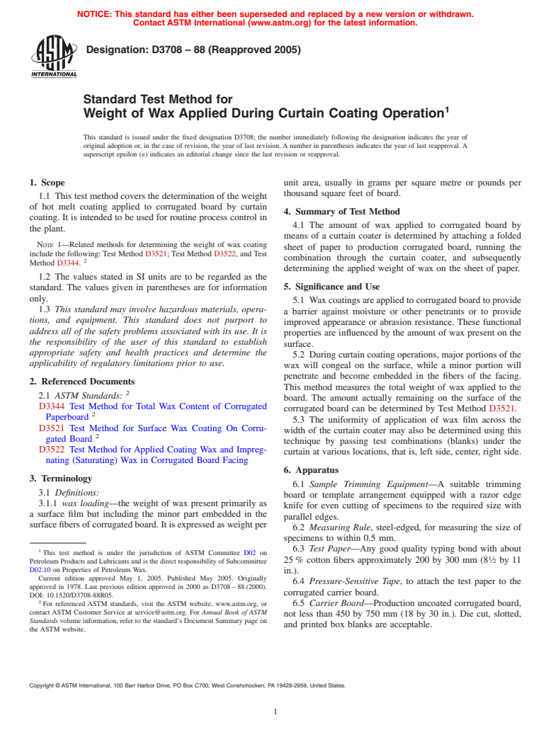 ASTM D3708-88(2005) - Standard Test Method for Weight of Wax Applied During Curtain Coating Operation