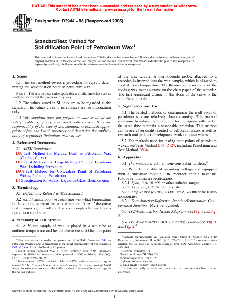 ASTM D3944-88(2005) - Standard Test Method for Solidification Point of Petroleum Wax