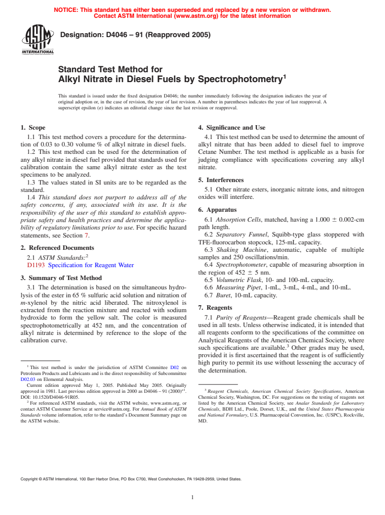 ASTM D4046-91(2005) - Standard Test Method for Alkyl Nitrate in Diesel Fuels by Spectrophotometry