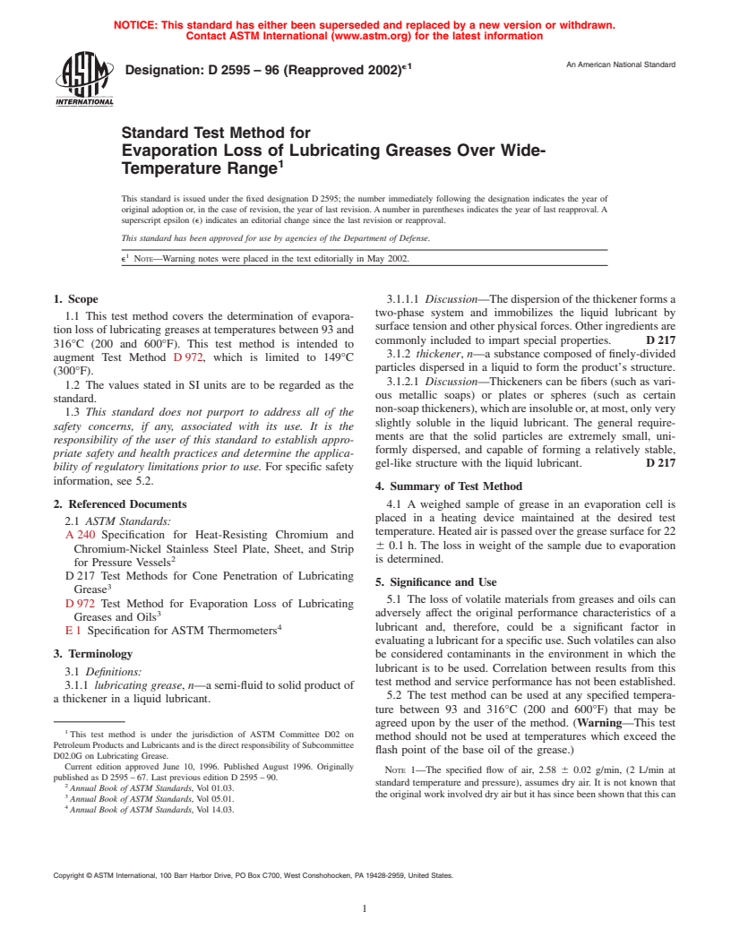 ASTM D2595-96(2002)e1 - Standard Test Method for Evaporation Loss of Lubricating Greases Over Wide-Temperature Range