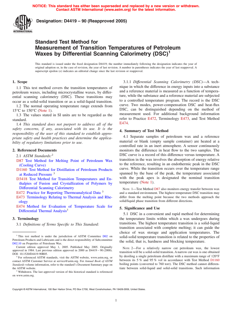 ASTM D4419-90(2005) - Standard Test Method for Measurement of Transition Temperatures of Petroleum Waxes by Differential Scanning Calorimetry (DSC)