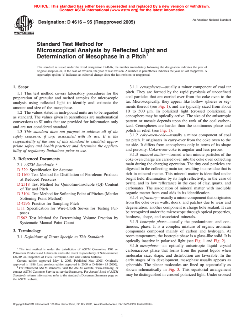 ASTM D4616-95(2005) - Standard Test Method for Microscopical Analysis by Reflected Light and Determination of Mesophase in a Pitch