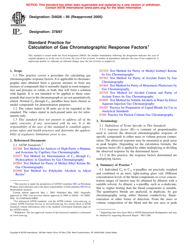 ASTM D4626-95(2005) - Standard Practice for Calculation of Gas Chromatographic Response Factors