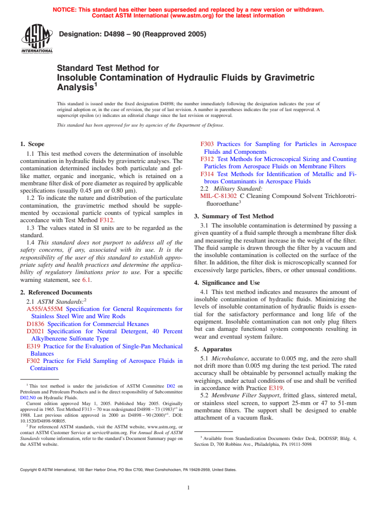 ASTM D4898-90(2005) - Standard Test Method for Insoluble Contamination of Hydraulic Fluids by Gravimetric Analysis