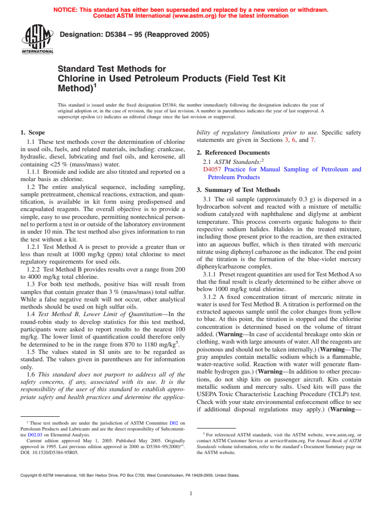 ASTM D5384-95(2005) - Standard Test Methods for Chlorine in Used Petroleum Products (Field Test Kit Method)