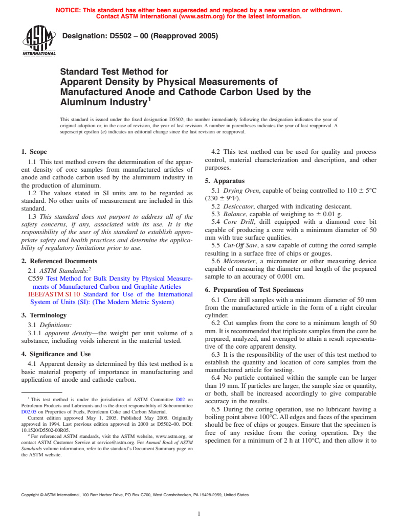 ASTM D5502-00(2005) - Standard Test Method for Apparent Density by Physical Measurements of Manufactured Anode and Cathode Carbon Used by the Aluminum Industry