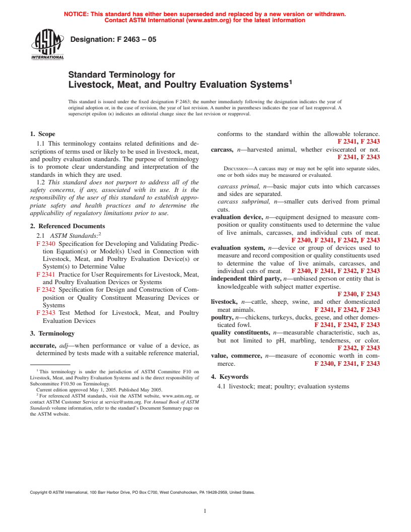 ASTM F2463-05 - Standard Terminology for Livestock, Meat, and Poultry Evaluation Systems