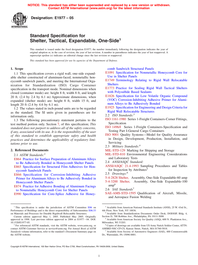 ASTM E1977-05 - Standard Specification for Shelter, Tactical, Expandable, One-Side