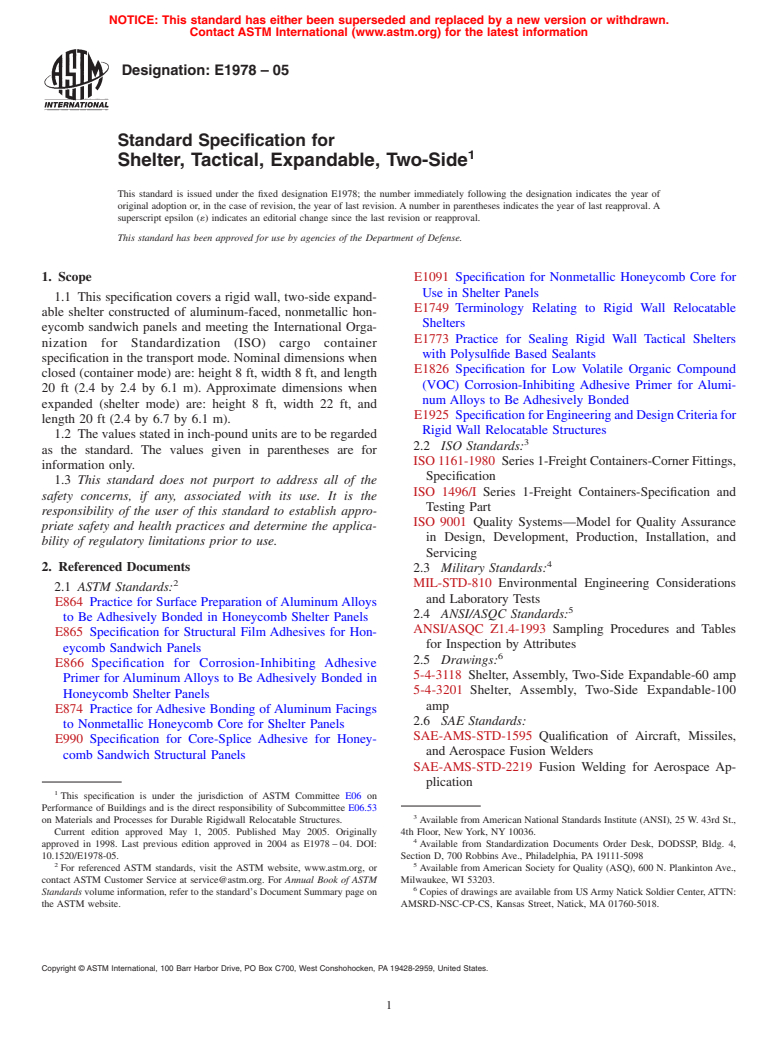 ASTM E1978-05 - Standard Specification for Shelter, Tactical, Expandable, Two-Side