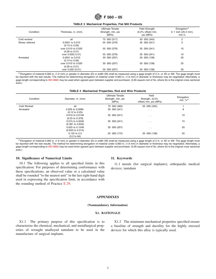 ASTM F560-05 - Standard Specification for Unalloyed Tantalum for Surgical Implant Applications(UNS R05200, UNS R05400)