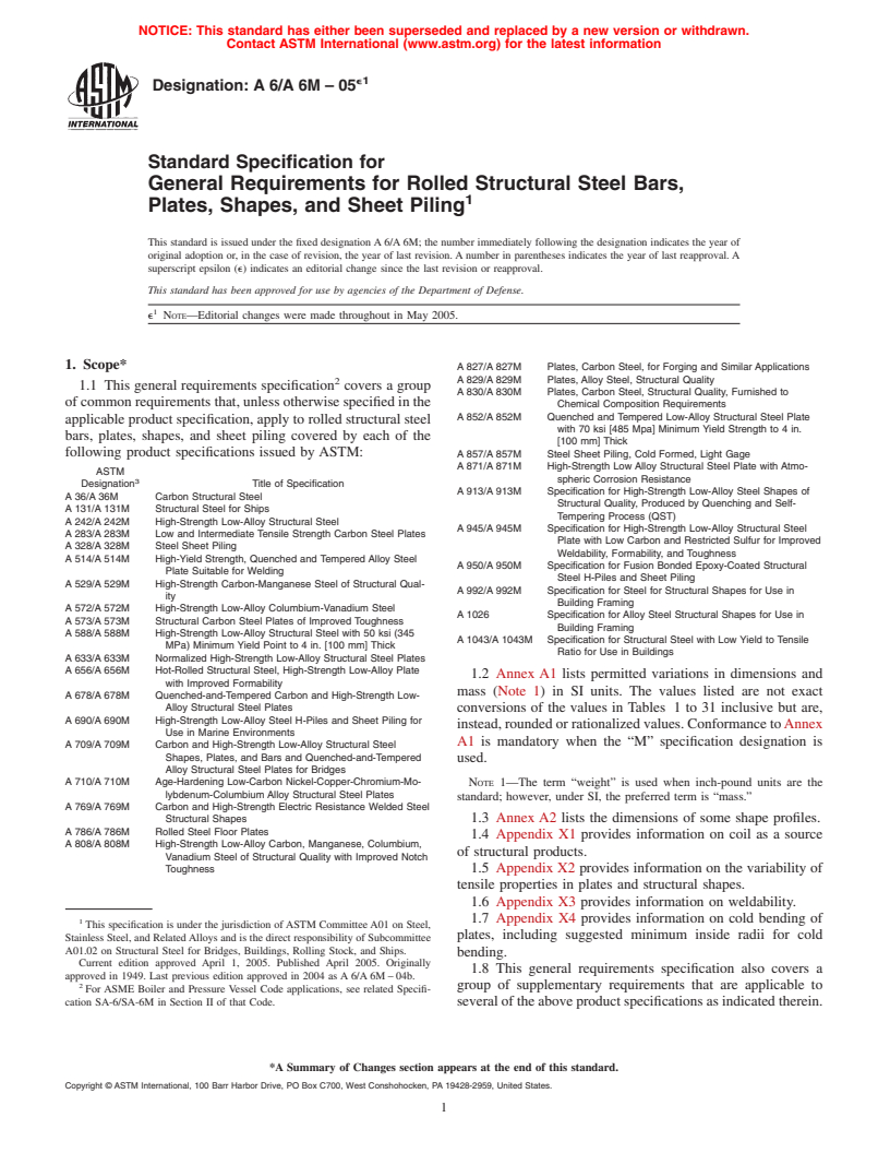 ASTM A6/A6M-05e1 - Standard Specification for General Requirements for Rolled Structural Steel Bars, Plates, Shapes, and Sheet Piling