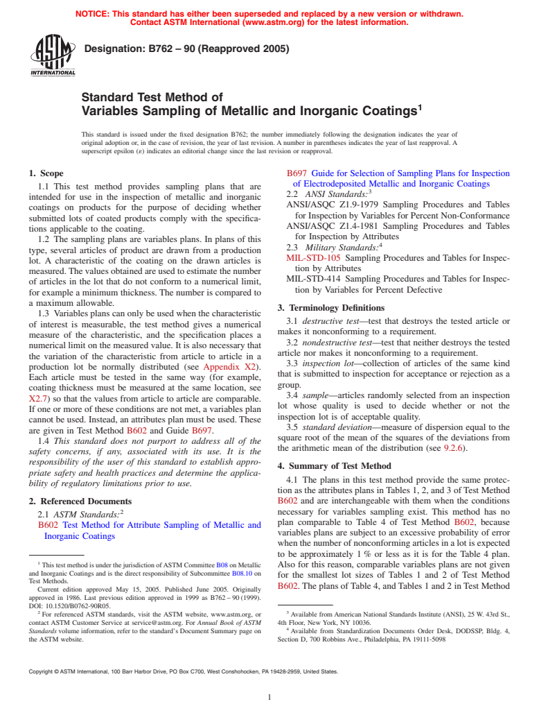 ASTM B762-90(2005) - Standard Test Method of Variables Sampling of Metallic and Inorganic Coatings