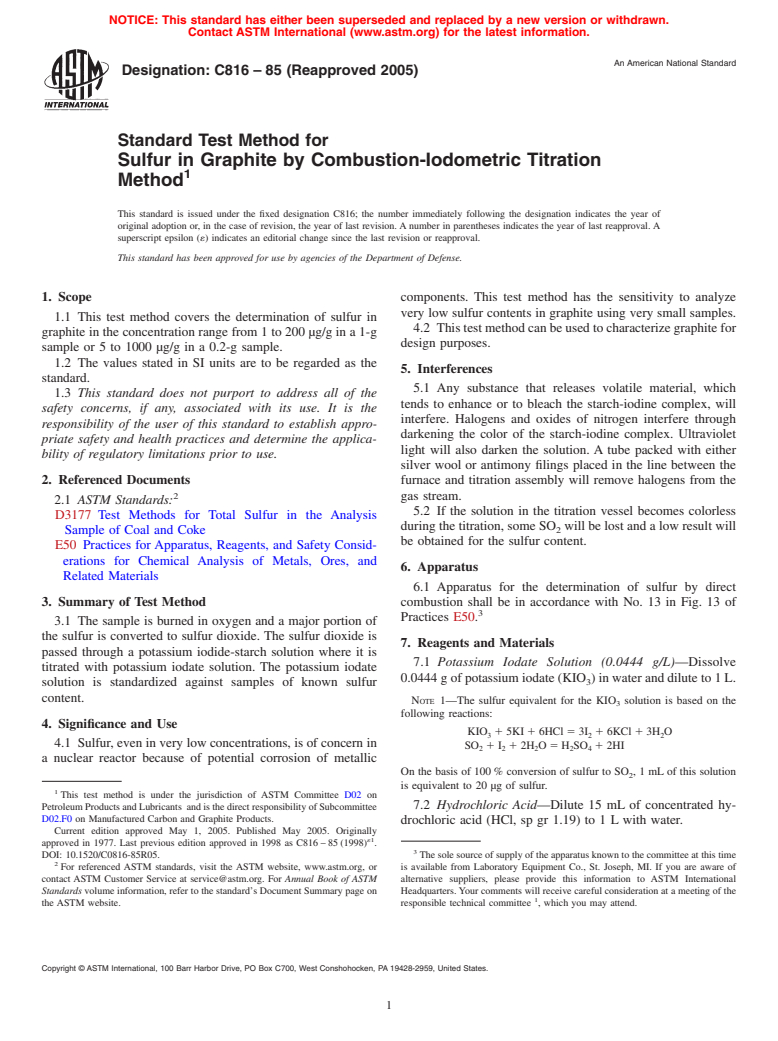 ASTM C816-85(2005) - Standard Test Method for Sulfur in Graphite by Combustion-Iodometric Titration Method