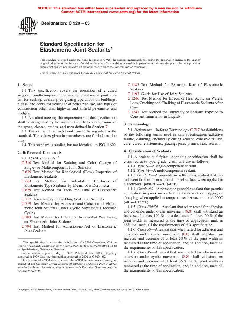 ASTM C920-05 - Standard Specification for Elastomeric Joint Sealants