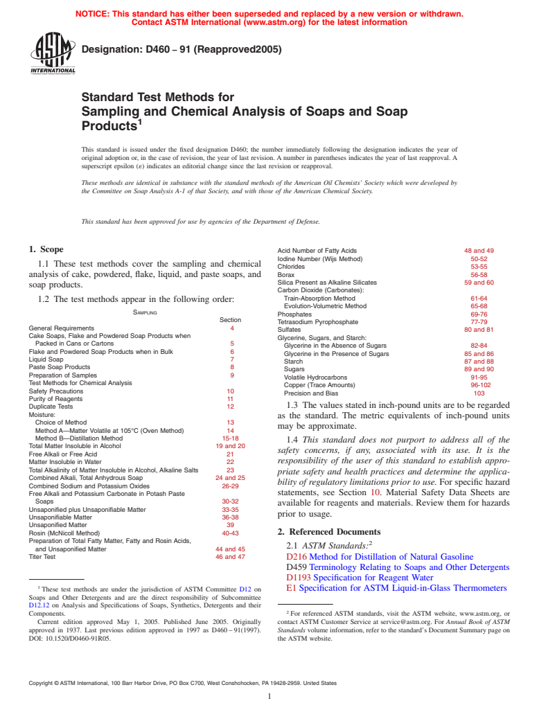 ASTM D460-91(2005) - Standard Test Methods for Sampling and Chemical Analysis of Soaps and Soap Products