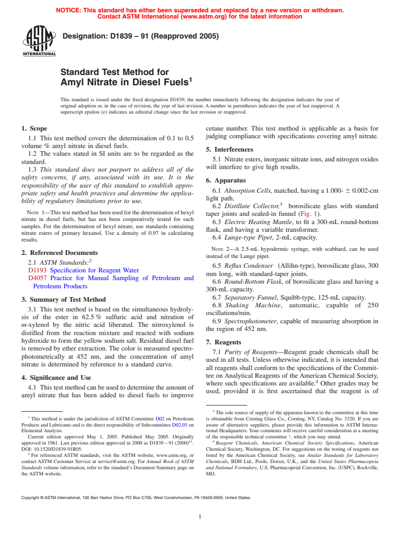 ASTM D1839-91(2005) - Standard Test Method for Amyl Nitrate in Diesel Fuels