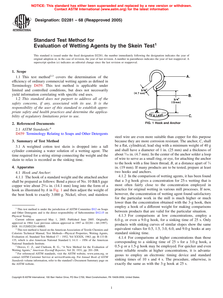 ASTM D2281-68(2005) - Standard Test Method for Evaluation of Wetting Agents by the Skein Test