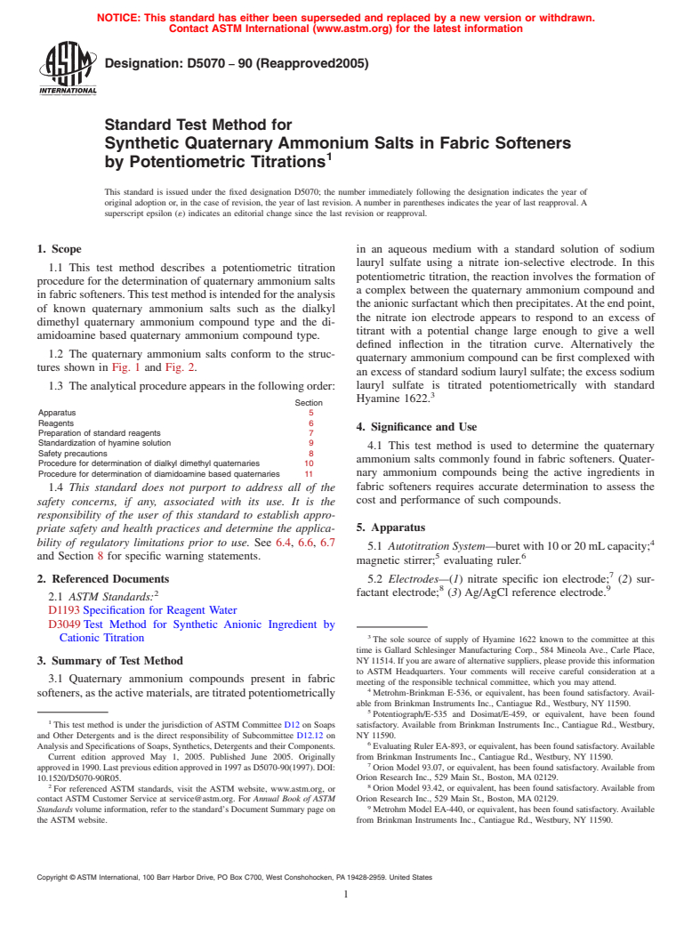 ASTM D5070-90(2005) - Standard Test Method for Synthetic Quaternary Ammonium Salts in Fabric Softeners by Potentiometric Titrations