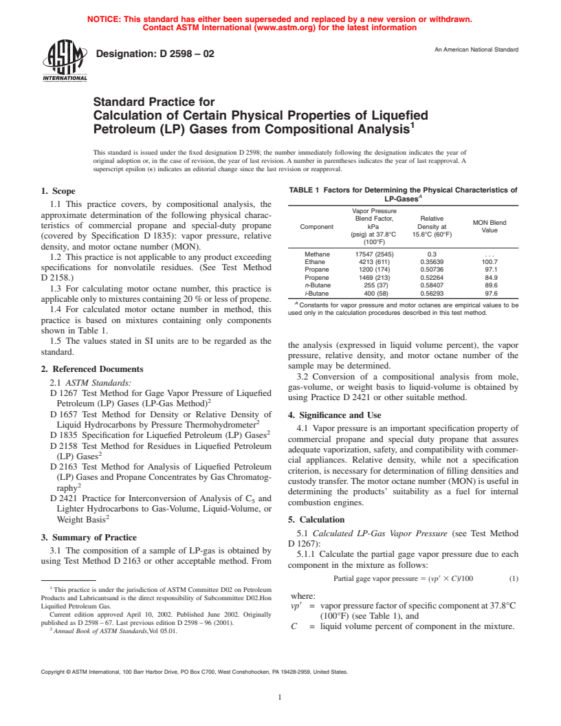 ASTM D2598-02 - Standard Practice for Calculation of Certain Physical Properties of Liquefied Petroleum (LP) Gases from Compositional Analysis