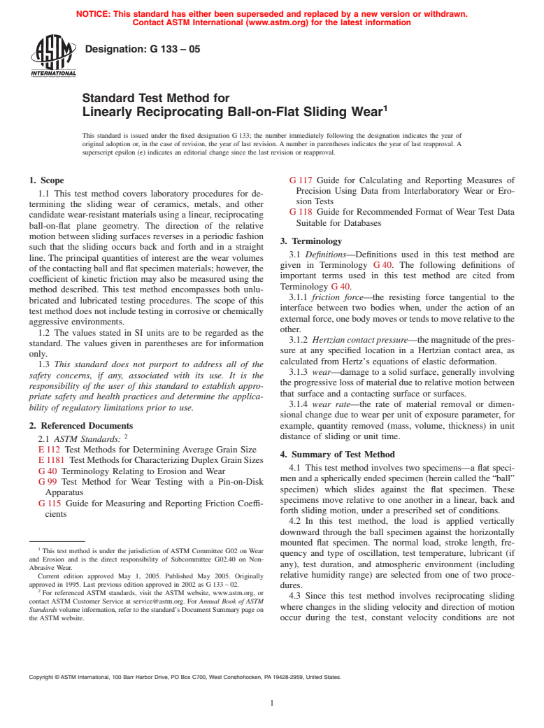 ASTM G133-05 - Standard Test Method for Linearly Reciprocating Ball-on-Flat Sliding Wear