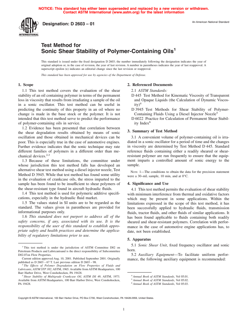 ASTM D2603-01 - Test Method for Sonic Shear Stability of Polymer-Containing Oils