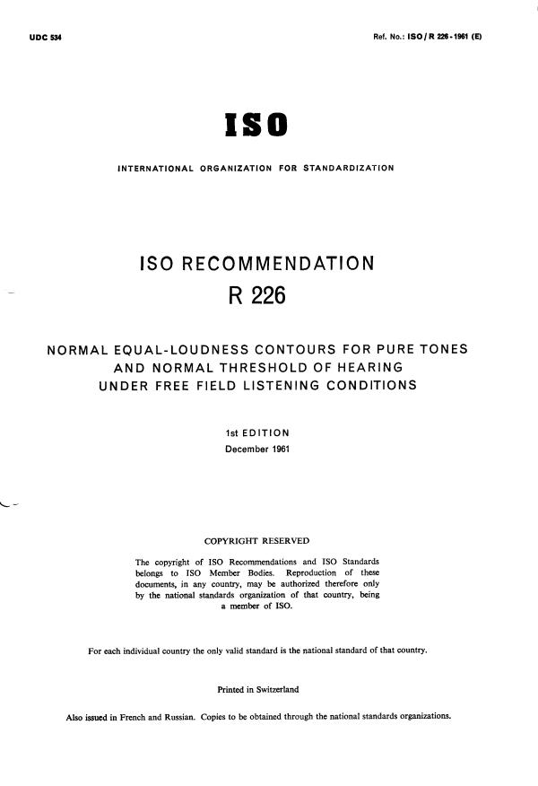 ISO/R 226:1961 - Normal equal-loudness contours for pure tones and normal threshold of hearing under free field listening conditions