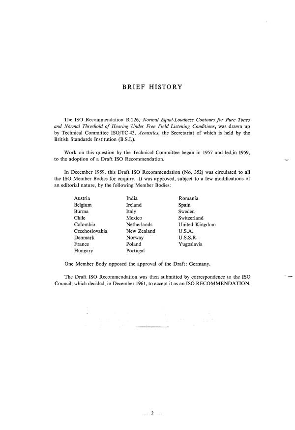 ISO/R 226:1961 ISO/R 226:1961 - Normal equal-loudness contours for pure tones and normal threshold of hearing under free field listening conditions - Page 2 preview