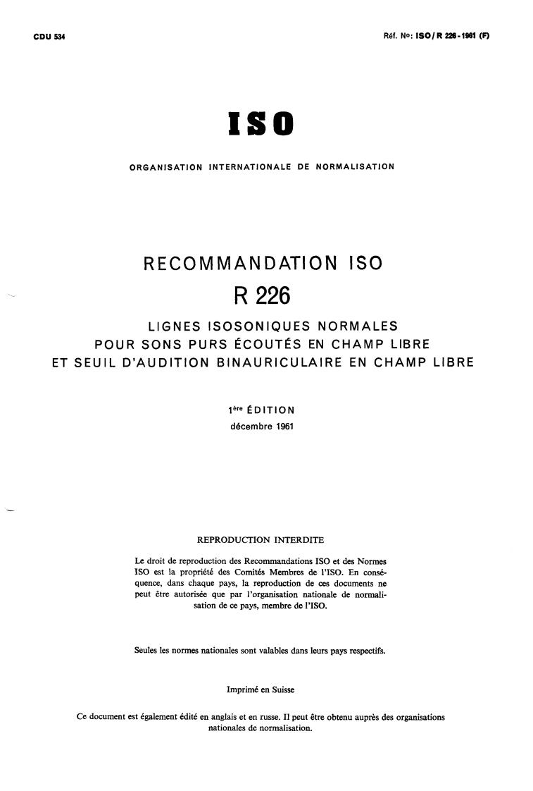 ISO/R 226:1961 - Normal equal-loudness contours for pure tones and normal threshold of hearing under free field listening conditions
Released:12/1/1961